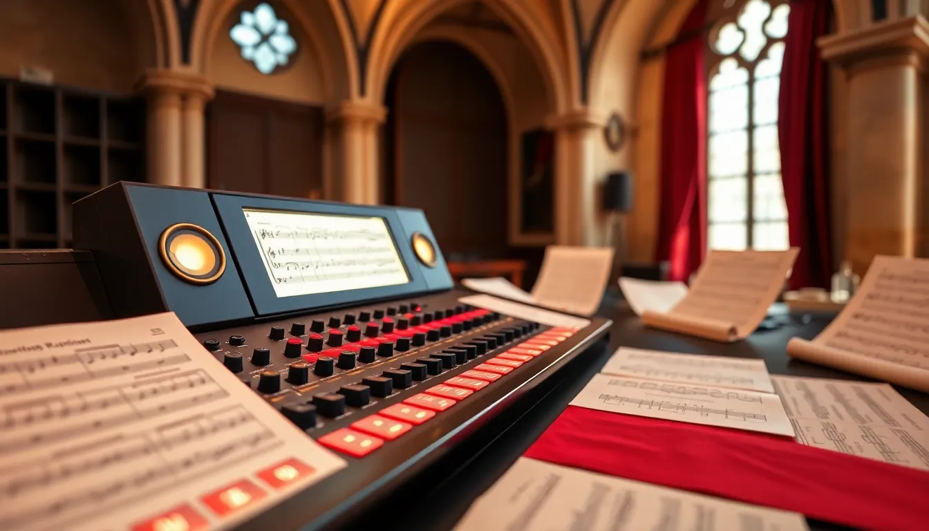Cantorium physical audio console with brass motorized sliders, glowing neumatic notation screen, illuminated red velvet faders, surrounded by parchment acoustic scripts in an abbey studio