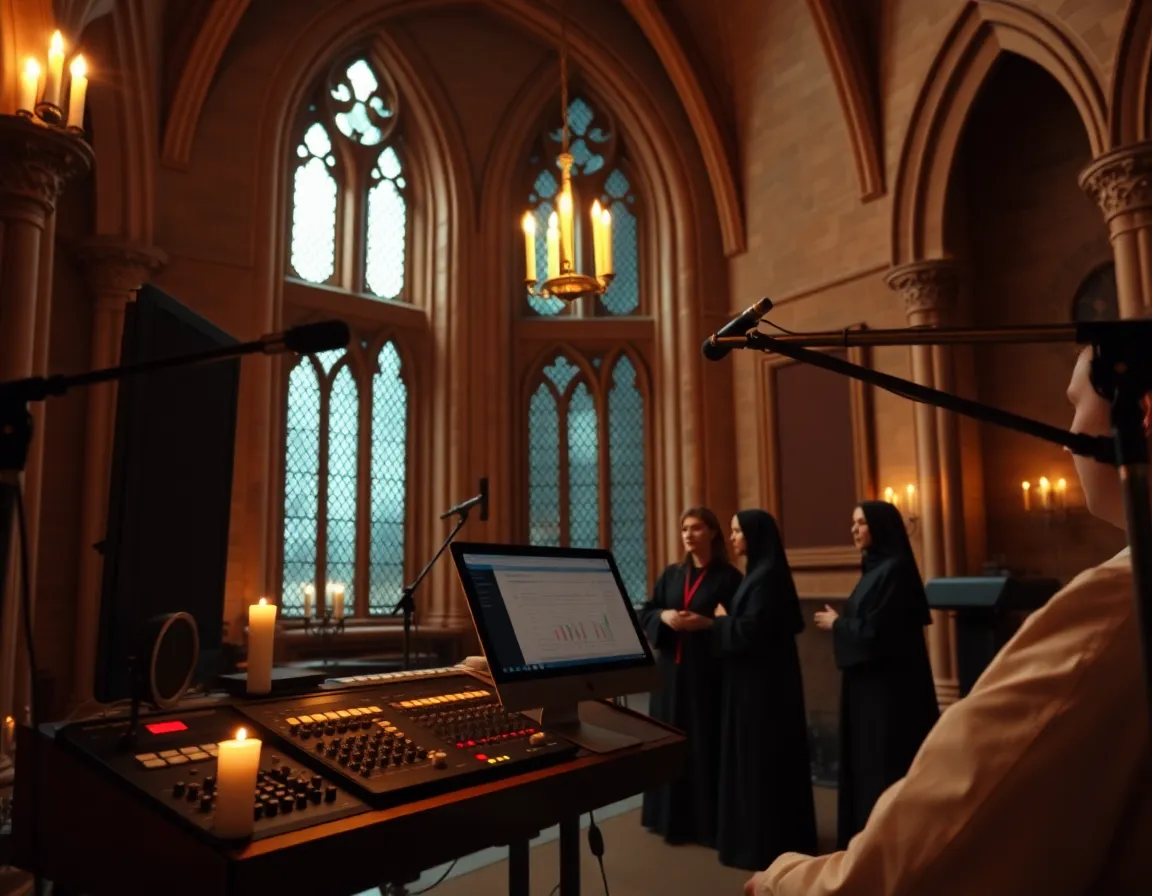 Cantorium workstation operating inside a candlelit Gothic cloister recording booth with microphones on heavy brass booms capturing singers in robes