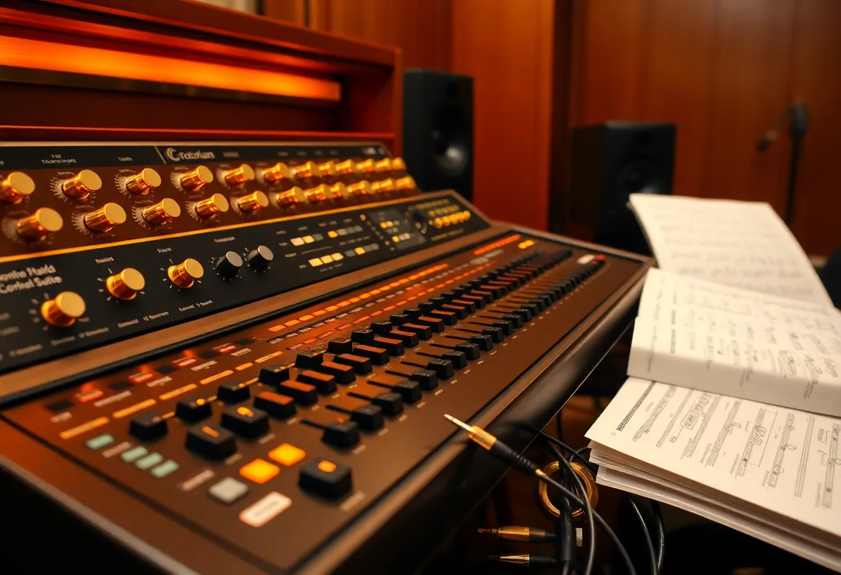 Cantorium workstation playing an orchestral modal suite, showing glowing brass knobs, warm wood trim, and printed gold foil scoring booklets beside audio cables