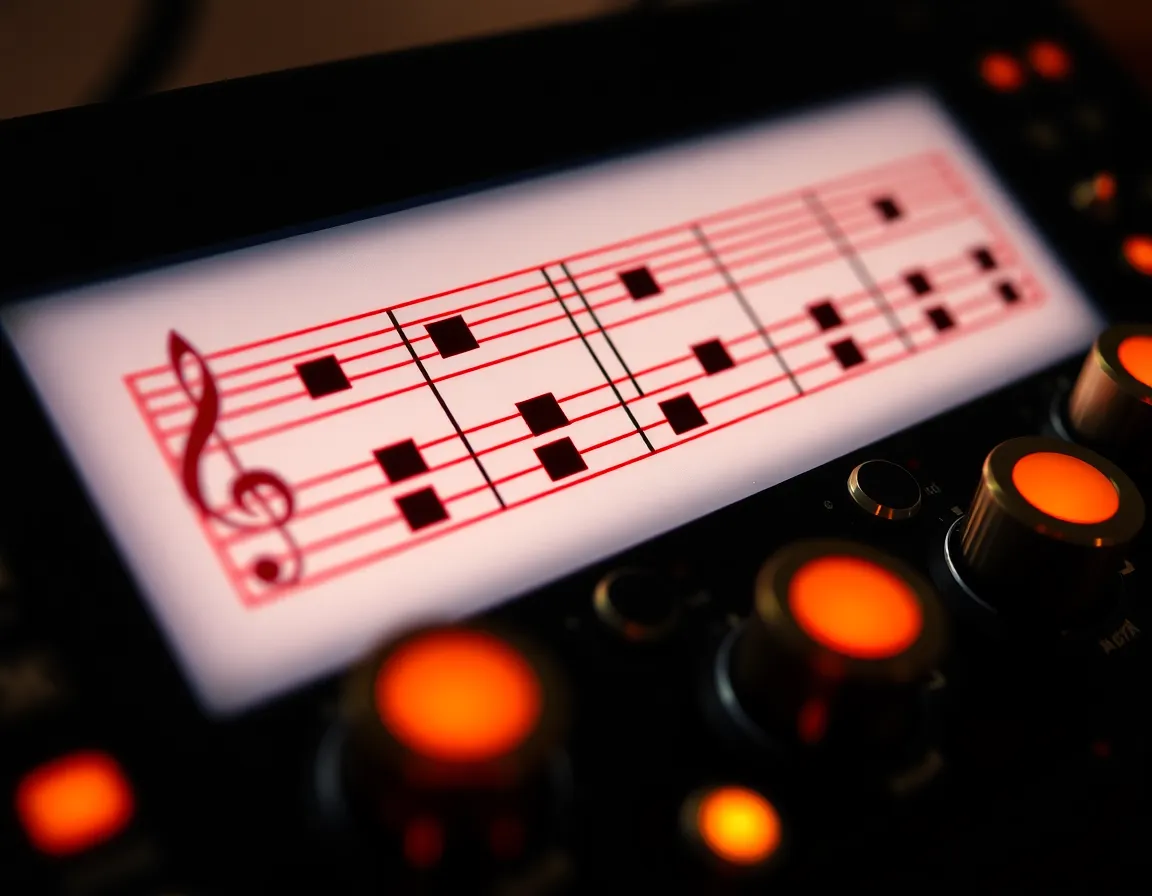 Close-up macro of Cantorium illuminated tactile interface screen displaying four-line red staves with black square neumes, amber backlit knobs and brass encoder rings