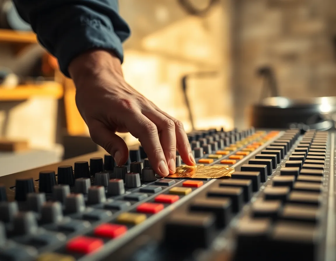 Close-up of artisan hand applying delicate genuine 24k gold leaf foil onto the audio mixer fader channels in a sunlit stone workshop
