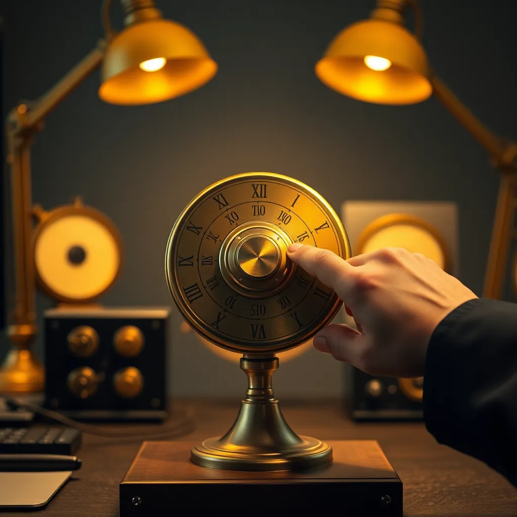 Musician hand turning heavy solid brass rotary dial inscribed with Roman numerals on the Cantorium workstation, illuminated by soft amber task lamps
